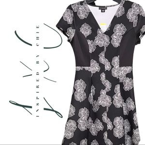 Metaphor Black Fit and Flare Dress with White Floral Design